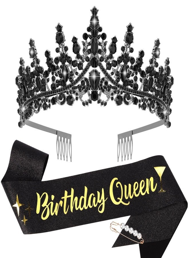 CURASA Black Goth Birthday Crown Adult Woman & Glitter Black Gothic Birthday Queen Sash Princess Tiara for Party Decorations Celebrations - Image 1